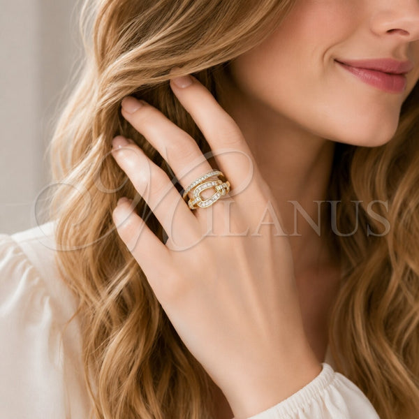 Oro Laminado Multi Stone Ring, Gold Filled Style Belt Buckle and Baguette Design, with White Cubic Zirconia and White Micro Pave, Polished, Golden Finish, 01.283.0078 (One size fits all)