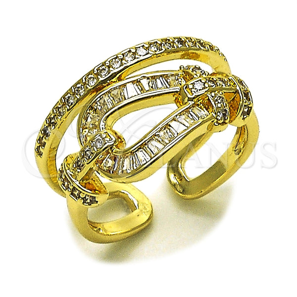 Oro Laminado Multi Stone Ring, Gold Filled Style Belt Buckle and Baguette Design, with White Cubic Zirconia and White Micro Pave, Polished, Golden Finish, 01.283.0078 (One size fits all)