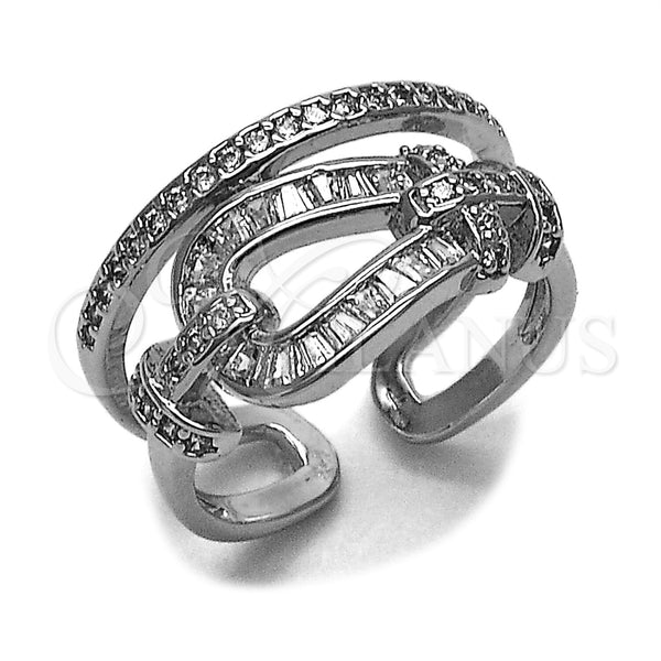 Rhodium Gold Filled Multi Stone Ring, Belt Buckle and Baguette Design, with White Cubic Zirconia and White Micro Pave, Polished, Rhodium Finish, 01.283.0078.1 (One size fits all)