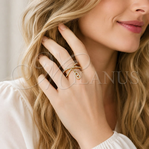 Oro Laminado Multi Stone Ring, Gold Filled Style Puff Mariner Design, with White Micro Pave, Polished, Golden Finish, 01.283.0079 (One size fits all)