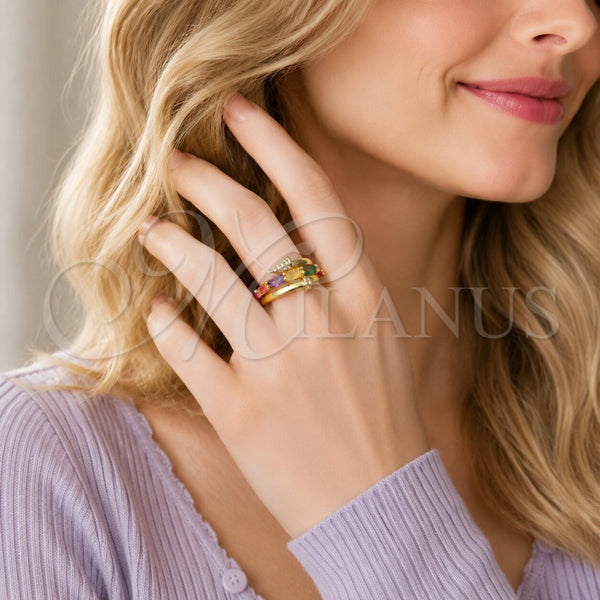 Oro Laminado Multi Stone Ring, Gold Filled Style Nail and Baguette Design, with Multicolor Cubic Zirconia and White Micro Pave, Polished, Golden Finish, 01.424.0022 (One size fits all)