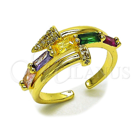 Oro Laminado Multi Stone Ring, Gold Filled Style Nail and Baguette Design, with Multicolor Cubic Zirconia and White Micro Pave, Polished, Golden Finish, 01.424.0022 (One size fits all)