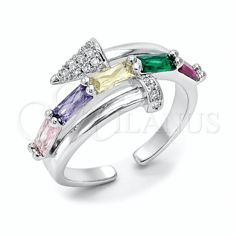 Rhodium Gold Filled Multi Stone Ring, Nail and Baguette Design, with Multicolor Cubic Zirconia and White Micro Pave, Polished, Rhodium Finish, 01.424.0022.1 (One size fits all)
