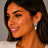Oro Laminado Long Earring, Gold Filled Style Flower and Teardrop Design, with White Cubic Zirconia and White Micro Pave, Polished, Golden Finish, 02.436.0059