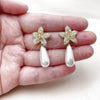 Oro Laminado Long Earring, Gold Filled Style Flower and Teardrop Design, with White Cubic Zirconia and White Micro Pave, Polished, Golden Finish, 02.436.0059