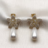 Oro Laminado Long Earring, Gold Filled Style Flower and Teardrop Design, with White Cubic Zirconia and White Micro Pave, Polished, Golden Finish, 02.436.0059