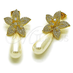 Oro Laminado Long Earring, Gold Filled Style Flower and Teardrop Design, with White Cubic Zirconia and White Micro Pave, Polished, Golden Finish, 02.436.0059