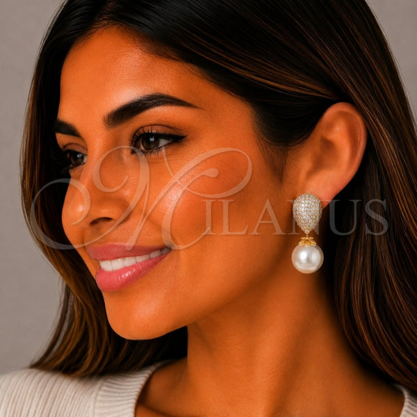 Oro Laminado Long Earring, Gold Filled Style Ball and Teardrop Design, with White Cubic Zirconia and Ivory Pearl, Polished, Golden Finish, 02.436.0060