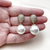 Oro Laminado Long Earring, Gold Filled Style Ball and Teardrop Design, with White Cubic Zirconia and Ivory Pearl, Polished, Golden Finish, 02.436.0060