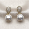 Oro Laminado Long Earring, Gold Filled Style Ball and Teardrop Design, with White Cubic Zirconia and Ivory Pearl, Polished, Golden Finish, 02.436.0060