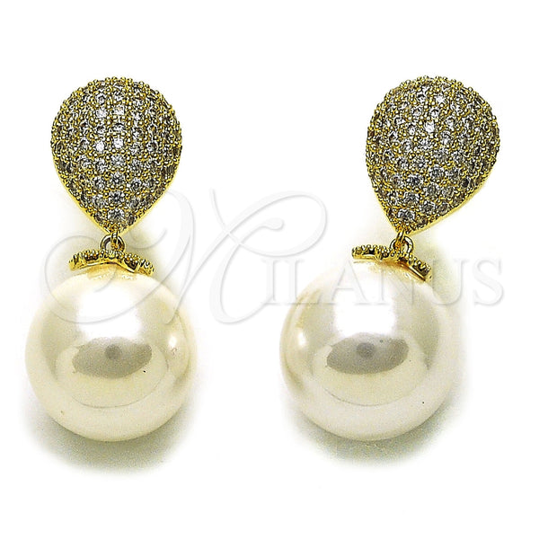Oro Laminado Long Earring, Gold Filled Style Ball and Teardrop Design, with White Cubic Zirconia and Ivory Pearl, Polished, Golden Finish, 02.436.0060