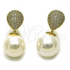 Oro Laminado Long Earring, Gold Filled Style Ball and Teardrop Design, with White Cubic Zirconia and Ivory Pearl, Polished, Golden Finish, 02.436.0060