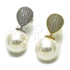 Oro Laminado Long Earring, Gold Filled Style Ball and Teardrop Design, with White Cubic Zirconia and Ivory Pearl, Polished, Golden Finish, 02.436.0060