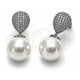 Arete Largo 02.436.0060.1 Oro Laminado Blanco, Diseño de Bola y Gota, con Zirconia Cubica Blanca y Perla Marfil, Pulido, Rodinado