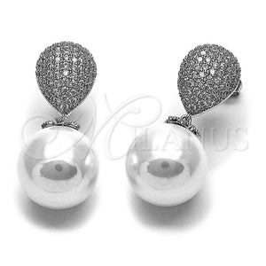 Rhodium Gold Filled Long Earring, Ball and Teardrop Design, with White Cubic Zirconia and Ivory Pearl, Polished, Rhodium Finish, 02.436.0060.1