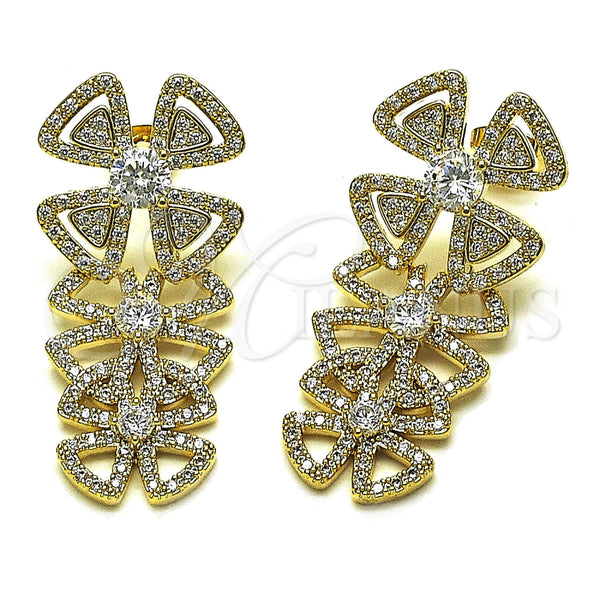 Oro Laminado Long Earring, Gold Filled Style Flower Design, with White Cubic Zirconia, Polished, Golden Finish, 02.436.0061