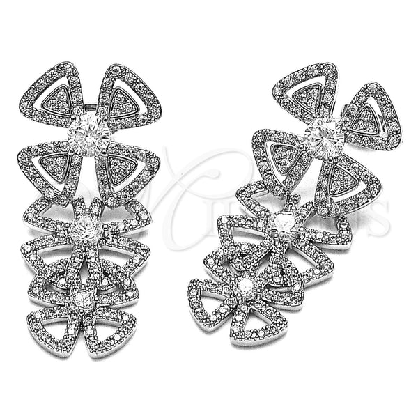 Rhodium Gold Filled Long Earring, Flower Design, with White Cubic Zirconia, Polished, Rhodium Finish, 02.436.0061.1