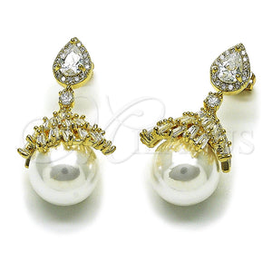 Rhodium Gold Filled Long Earring, Ball and Baguette Design, with White Cubic Zirconia and Ivory Pearl, Polished, Rhodium Finish, 02.436.0062