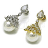 Rhodium Gold Filled Long Earring, Ball and Baguette Design, with White Cubic Zirconia and Ivory Pearl, Polished, Rhodium Finish, 02.436.0062