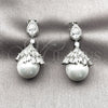 Oro Laminado Long Earring, Gold Filled Style Ball and Baguette Design, with White Cubic Zirconia and Ivory Pearl, Polished, Golden Finish, 02.436.0062.1
