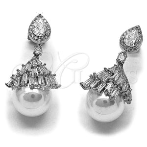 Oro Laminado Long Earring, Gold Filled Style Ball and Baguette Design, with White Cubic Zirconia and Ivory Pearl, Polished, Golden Finish, 02.436.0062.1