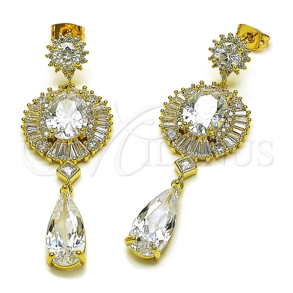 Oro Laminado Long Earring, Gold Filled Style Baguette and Cluster Design, with White Cubic Zirconia, Polished, Golden Finish, 02.436.0064