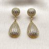 Oro Laminado Long Earring, Gold Filled Style Ball and Teardrop Design, with White Cubic Zirconia, Polished, Golden Finish, 02.436.0066