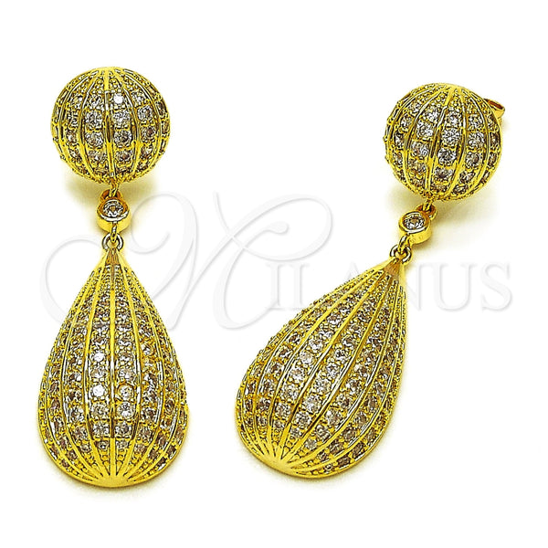 Oro Laminado Long Earring, Gold Filled Style Ball and Teardrop Design, with White Cubic Zirconia, Polished, Golden Finish, 02.436.0066