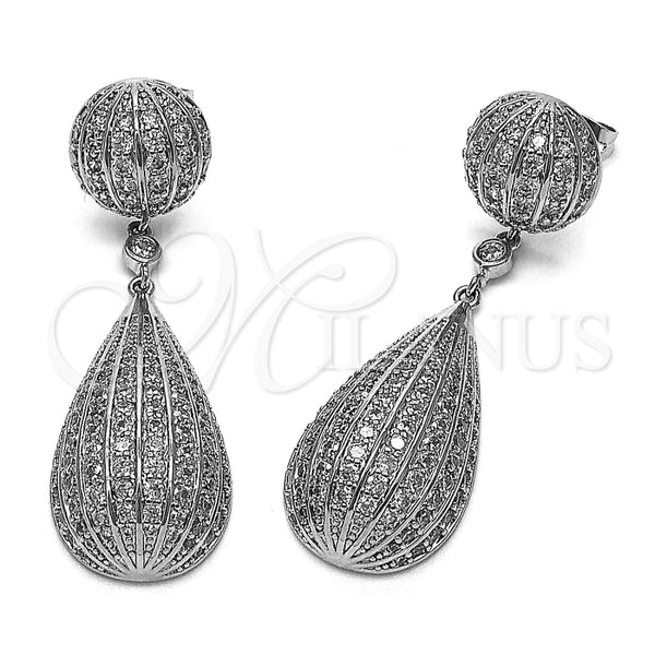 Rhodium Gold Filled Long Earring, Ball and Teardrop Design, with White Cubic Zirconia, Polished, Rhodium Finish, 02.436.0066.1