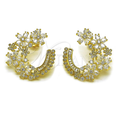 Oro Laminado Stud Earring, Gold Filled Style Flower and Baguette Design, with White Cubic Zirconia and White for wholesale, main product view