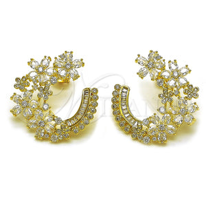 Oro Laminado Stud Earring, Gold Filled Style Flower and Baguette Design, with White Cubic Zirconia and White Micro Pave, Polished, Golden Finish, 02.436.0067