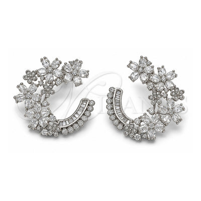 White Gold Filled Stud Earring, Flower and Baguette Design, with White Cubic Zirconia and White Micro Pave, Polished, Rhodium Finish, 02.436.0067.1