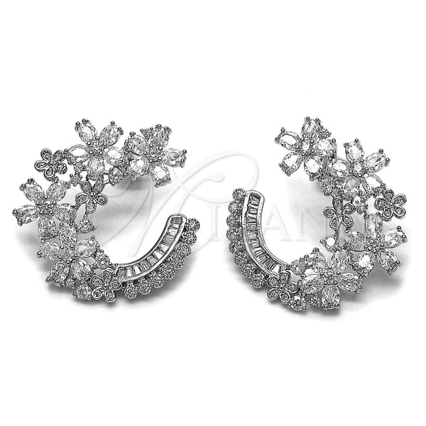 Rhodium Gold Filled Stud Earring, Flower and Baguette Design, with White Cubic Zirconia and White Micro Pave, Polished, Rhodium Finish, 02.436.0067.1