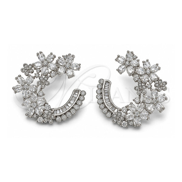 White Gold Filled Stud Earring, Flower and Baguette Design, with White Cubic Zirconia and White Micro Pave, Polished, Rhodium Finish, 02.436.0067.1