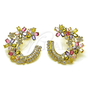 Oro Laminado Stud Earring, Gold Filled Style Flower and Baguette Design, with Multicolor Cubic Zirconia and White Micro Pave, Polished, Golden Finish, 02.436.0067.2