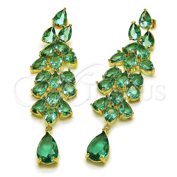 Oro Laminado Long Earring, Gold Filled Style Teardrop Design, with Emerald Cubic Zirconia, Polished, Golden Finish, 02.436.0070