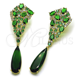 Oro Laminado Long Earring, Gold Filled Style Teardrop Design, with Green and White Cubic Zirconia, Polished, Golden Finish, 02.436.0072