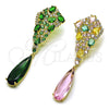 Oro Laminado Long Earring, Gold Filled Style Teardrop Design, with Green and White Cubic Zirconia, Polished, Golden Finish, 02.436.0072