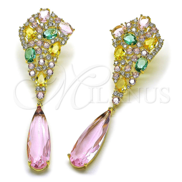 Oro Laminado Long Earring, Gold Filled Style Teardrop Design, with Multicolor and Pink Cubic Zirconia, Polished, Golden Finish, 02.436.0072.1