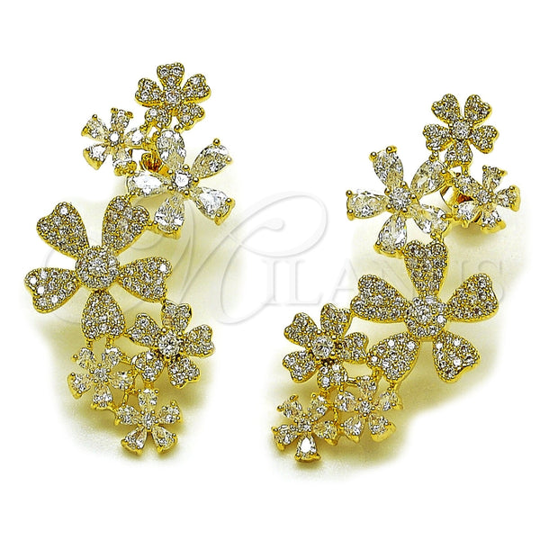 Oro Laminado Stud Earring, Gold Filled Style Flower Design, with White Cubic Zirconia and White Micro Pave, Polished, Golden Finish, 02.436.0074