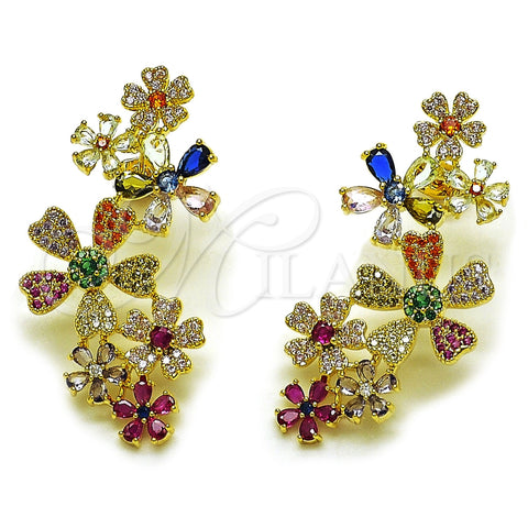 Oro Laminado Stud Earring, Gold Filled Style Flower Design, with Multicolor Cubic Zirconia and Multicolor Micro Pave, Polished, Golden Finish, 02.436.0074.1