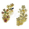 Oro Laminado Stud Earring, Gold Filled Style Flower Design, with Multicolor Cubic Zirconia and Multicolor Micro Pave, Polished, Golden Finish, 02.436.0074.1
