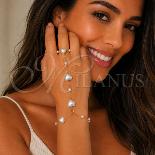 Stainless Steel Fancy Bracelet, Heart and Rolo Design, with Ivory Pearl, Polished, Golden Finish, 03.437.0002.08 (08 MM Thickness, 8 Inches Length)
