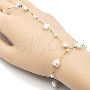 Stainless Steel Fancy Bracelet, Heart and Rolo Design, with Ivory Pearl, Polished, Golden Finish, 03.437.0002.08 (08 MM Thickness, 8 Inches Length)