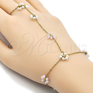 Stainless Steel Fancy Bracelet, Flower and Rolo Design, with Ivory Pearl and Pink Crystal, Polished, Golden Finish, 03.437.0004.07 (Thickness, 7 Inches Length)