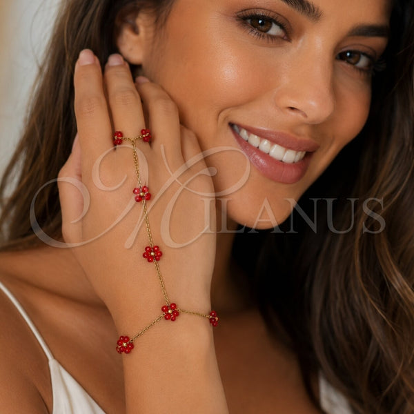 Stainless Steel Fancy Bracelet, Flower and Ball Design, with Siam Crystal, Polished, Golden Finish, 03.437.0004.1.07 (Thickness, 7 Inches Length)