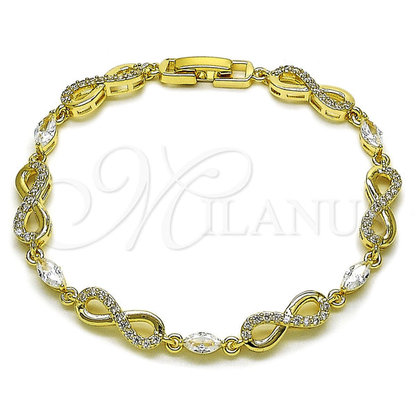 Oro Laminado Tennis Bracelet, Gold Filled Style Infinite Design, with White Cubic Zirconia, Polished, Golden Finish, 03.130.0050.07 (Thickness, 8 Inches Length)