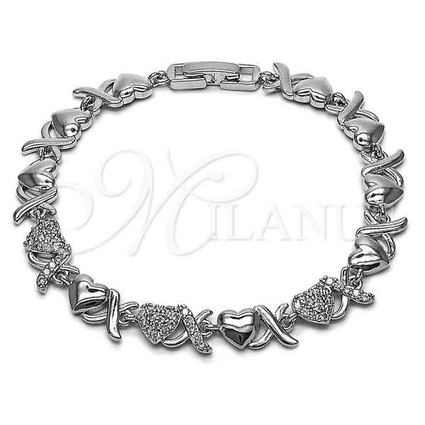 Rhodium Gold Filled Tennis Bracelet, Hugs and Kisses and Heart Design, with White Cubic Zirconia, Polished, Rhodium Finish, 03.283.0265.1.07 (Thickness, 8 Inches Length)