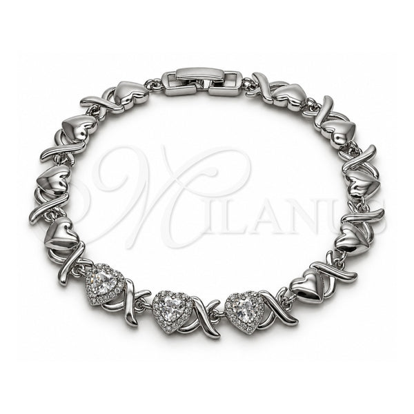 White Gold Filled Tennis Bracelet, Hugs and Kisses and Heart Design, with White Cubic Zirconia and White Micro Pave, Polished, Rhodium Finish, 03.266.0058.2.07 (Thickness, 8 Inches Length)