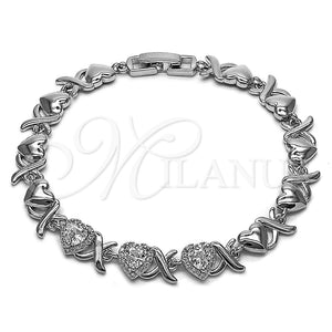 Rhodium Gold Filled Tennis Bracelet, Hugs and Kisses and Heart Design, with White Cubic Zirconia and White Micro Pave, Polished, Rhodium Finish, 03.266.0058.2.07 (Thickness, 8 Inches Length)